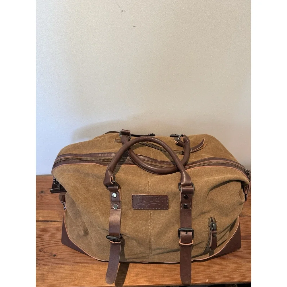 TUUCI Brown Canvas Leather Weekender Duffle Bag Travel Carry-On Overnight Large